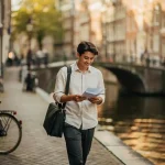 Jonge professional met laptoptas loopt zelfverzekerd door smalle Amsterdamse gracht, historische gevels op achtergrond.