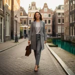Jonge vrouw met leren laptoptas loopt zelfverzekerd door een smalle Amsterdamse gracht, omgeven door historische grachtenpanden en kinderkopjes.