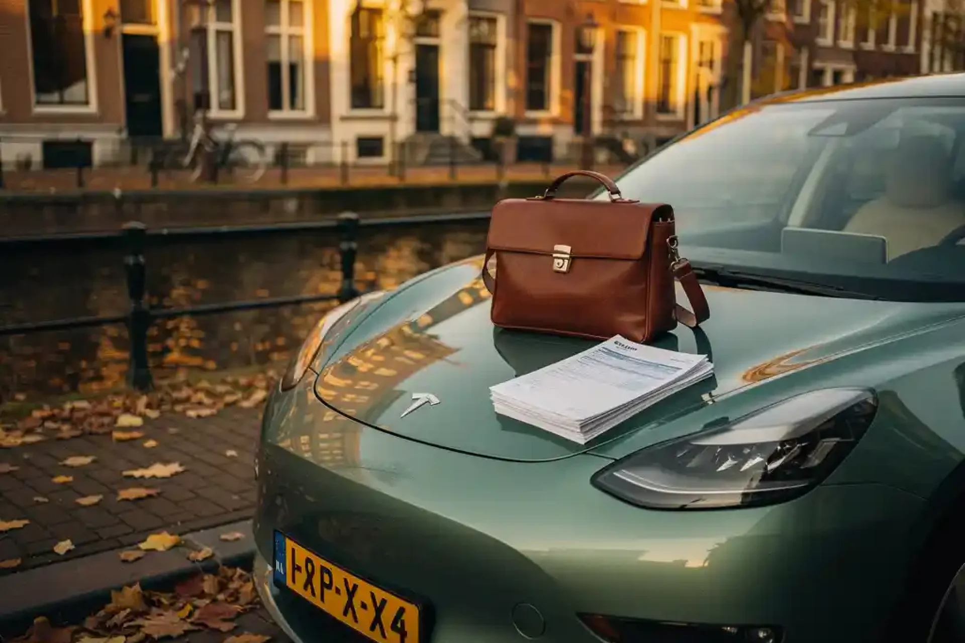 Elektrische stadsauto op Amsterdamse keistraat met herfstbladeren, laptoptas en belastingdocumenten op de motorkap.