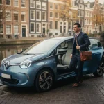 Jonge professional stapt uit elektrische stadsauto naast Amsterdams gracht met historische gevels op de achtergrond.