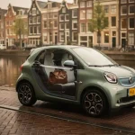 Compacte elektrische stadsauto geparkeerd langs een Amsterdamse gracht, met smalle bakstenen straat en grachtenpanden op de achtergrond.