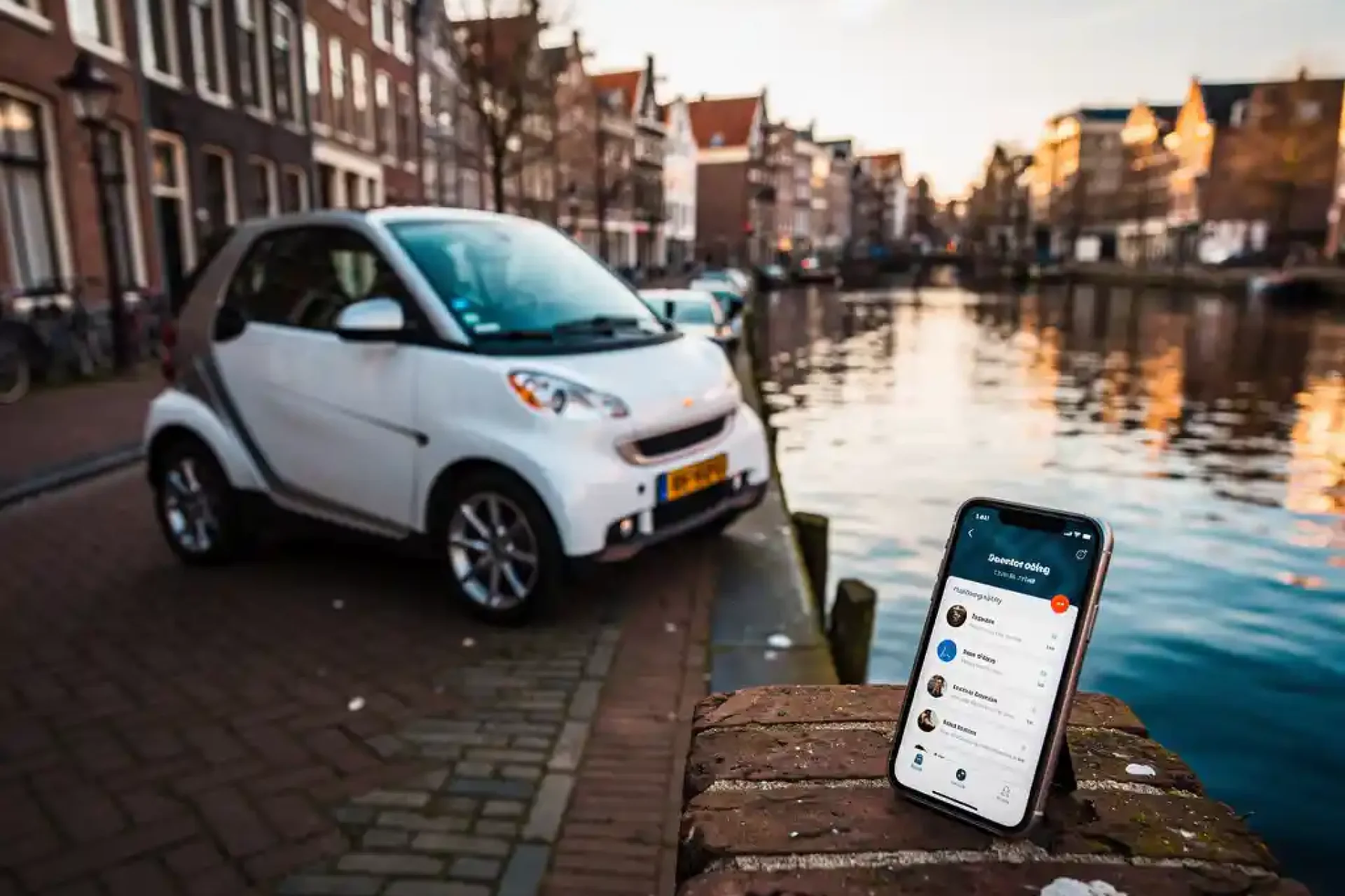 Compacte elektrische stadsauto geparkeerd langs een Amsterdams gracht met een deelmobiliteit-app op een telefoon op een bakstenen richel, geveltjes op de achtergrond.