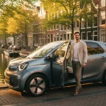 Jonge professional stapt uit elektrische microcar langs Amsterdamse gracht, omgeven door kanaalshuizen en lindebomen in middagzon.