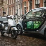Compacte elektrische stadsauto naast een bezorgscooter op een Amsterdamse keistraatje, met bezorgtassen zichtbaar achter de getinte deur en grachtenhuizen op de achtergrond.