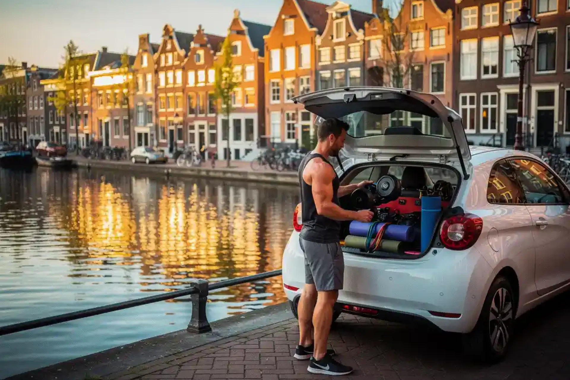 Personal trainer laadt sportuitrusting in witte elektrische stadsauto naast Amsterdams gracht, historische gevels op achtergrond.