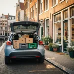 Compacte elektrische stadsauto met open achterklep en bezorgdozen geparkeerd op een Amsterdamse keistraatje naast een grachtenwinkel.