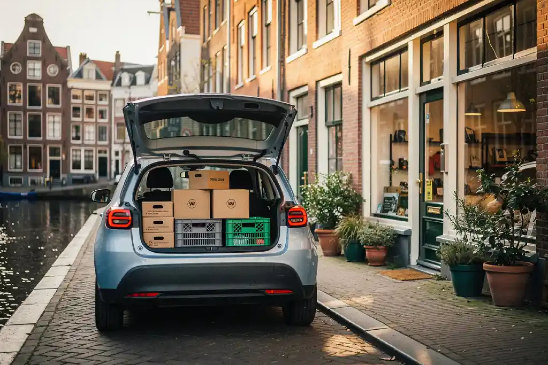 Compacte elektrische stadsauto met open achterklep en bezorgdozen geparkeerd op een Amsterdamse keistraatje naast een grachtenwinkel.