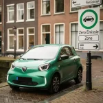 Kleine elektrische stadsauto bij ingang van een zero-emissiezone in Amsterdam, smalle gracht met bakstenen gevels op de achtergrond.