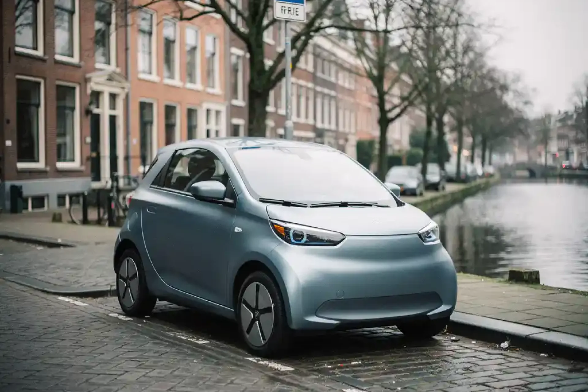 Compacte elektrische stadsauto geparkeerd in smalle straat in Den Haag, met grachtenpanden en kale bomen op de achtergrond.