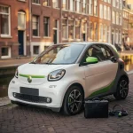 Compacte elektrische stadsauto geparkeerd langs Rotterdamse gracht, met laadkabel en aktetas op de kinderkopjes, omringd door traditionele Nederlandse gevels.