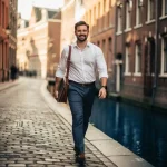 Zelfverzekerde freelancer met laptoptas langs Amsterdams grachtenpand op zonnige middag, historische bakstenen gevels en kanaalsreflecties.