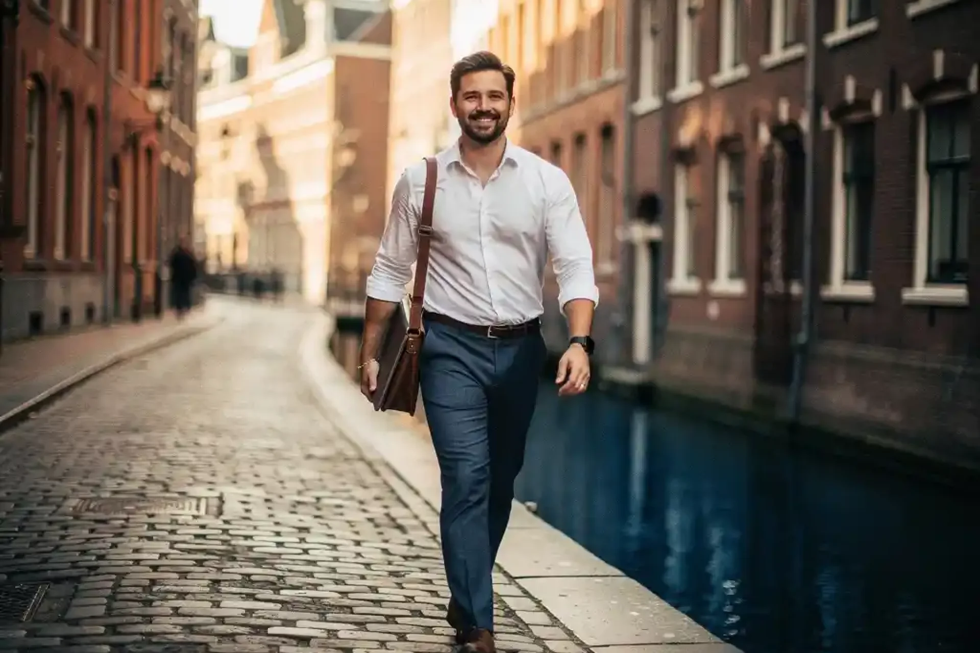 Zelfverzekerde freelancer met laptoptas langs Amsterdams grachtenpand op zonnige middag, historische bakstenen gevels en kanaalsreflecties.