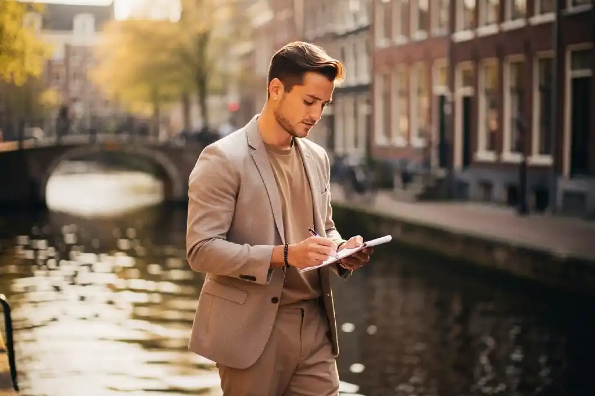 Freelancer in smart-casual kleding bekijkt aantekeningen bij een Amsterdams grachtenpand, smalle bakstenen gevels en bogen op de achtergrond.