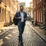 Zelfverzekerde freelancer met laptoptas op smalle Amsterdamse keistraat, omringd door bakstenen gevels en grachtenwater in warm middaglicht.