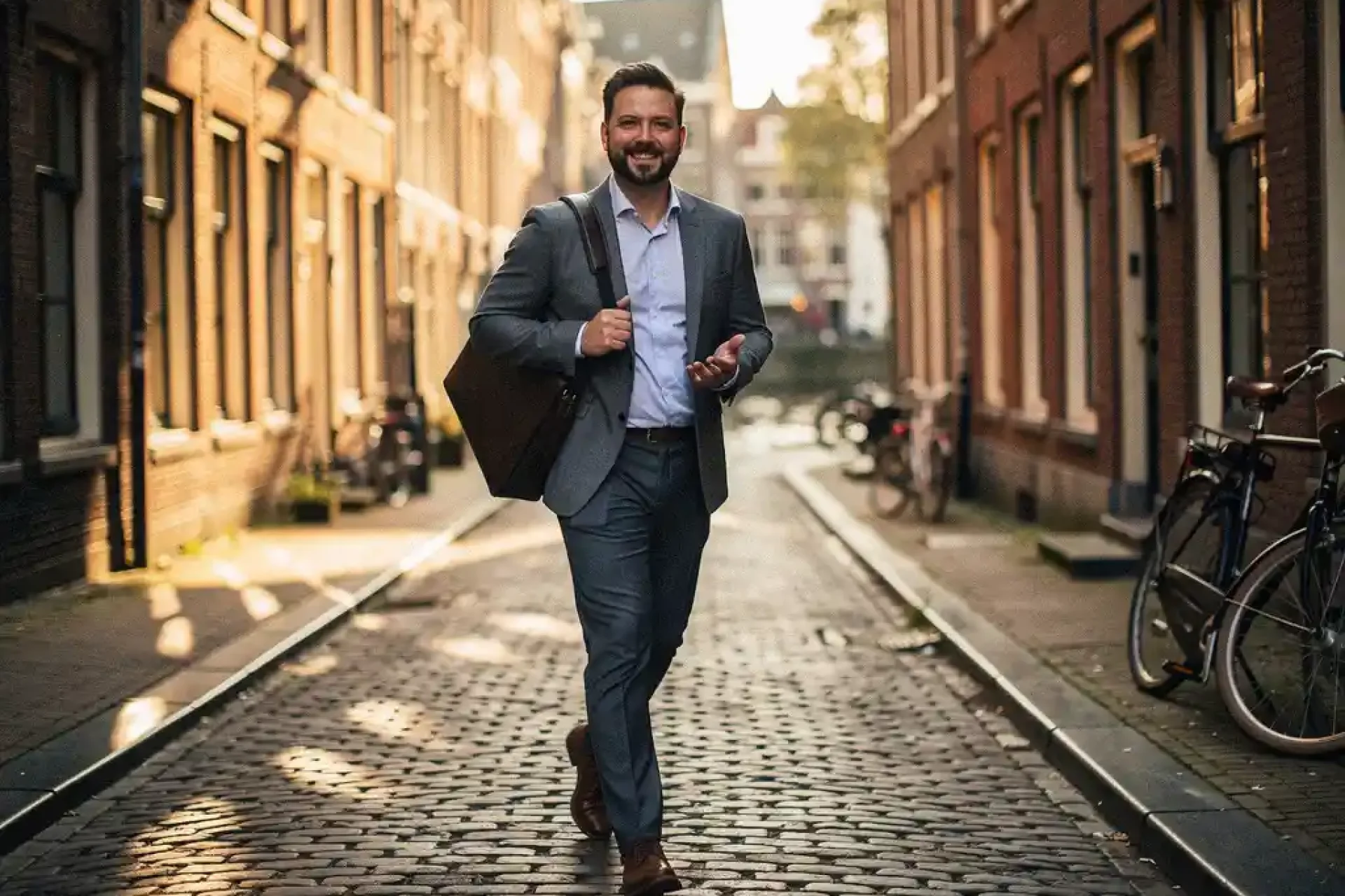 Zelfverzekerde freelancer met laptoptas op smalle Amsterdamse keistraat, omringd door bakstenen gevels en grachtenwater in warm middaglicht.