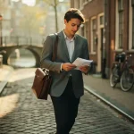 Jonge professional in blazer loopt zelfverzekerd door Amsterdamse grachtjesstraat met laptoptas en notities, gouden middaglicht op kinderkopjes.