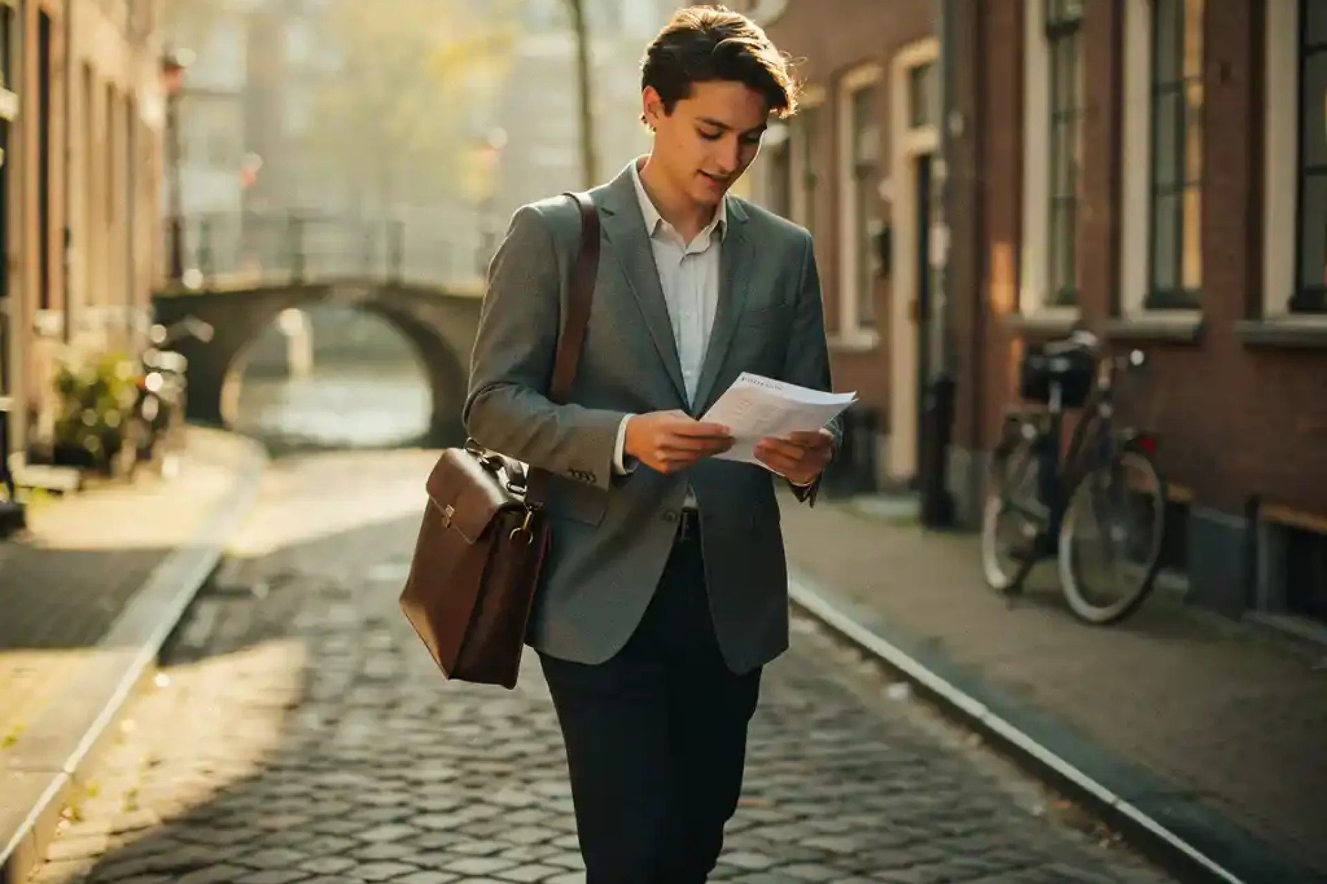 Jonge professional in blazer loopt zelfverzekerd door Amsterdamse grachtjesstraat met laptoptas en notities, gouden middaglicht op kinderkopjes.