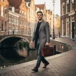 Jonge professional met leren laptoptas langs Amsterdamse gracht, smalle grachtenpanden en boogbrug weerspiegeld in het water.