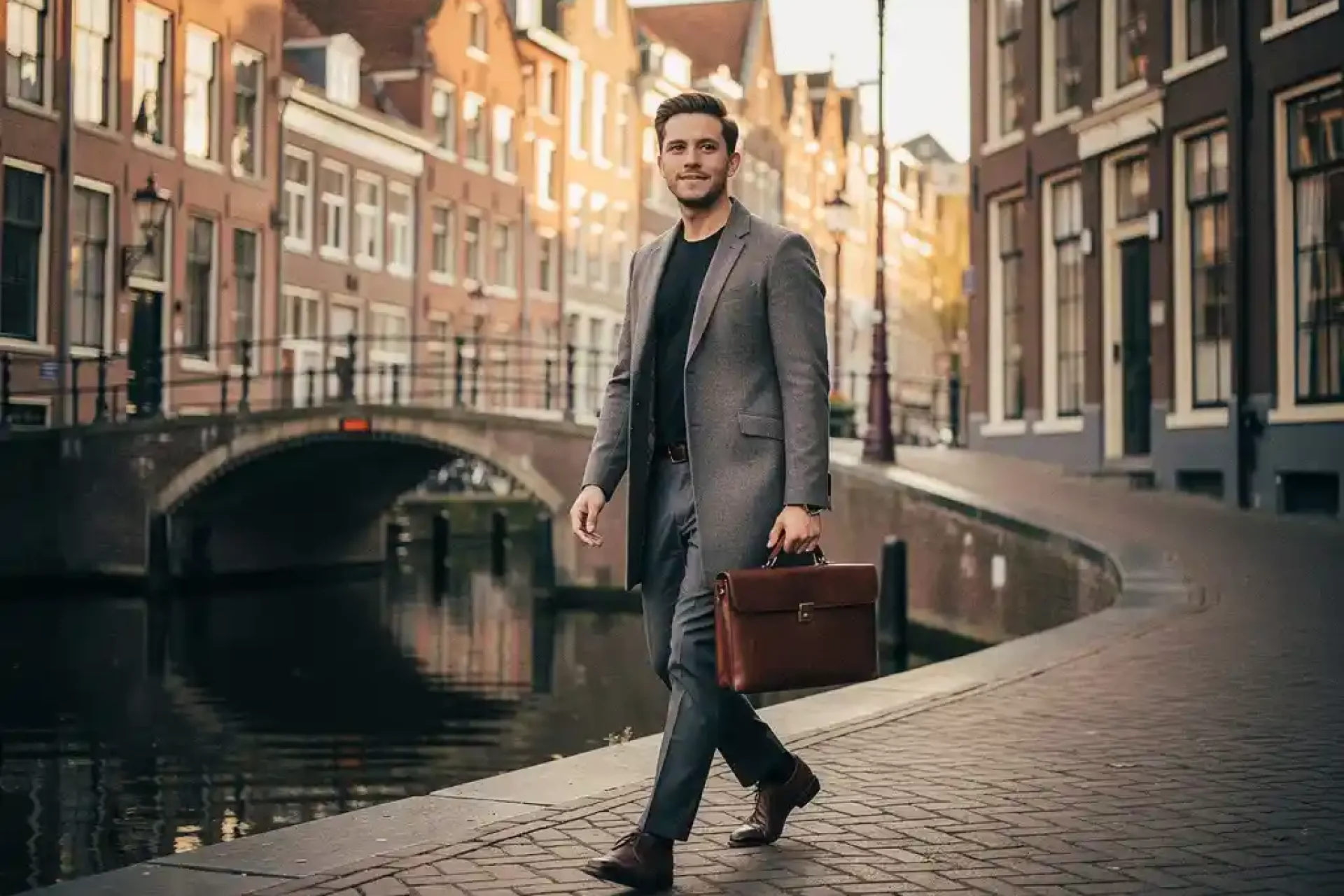 Jonge professional met leren laptoptas langs Amsterdamse gracht, smalle grachtenpanden en boogbrug weerspiegeld in het water.