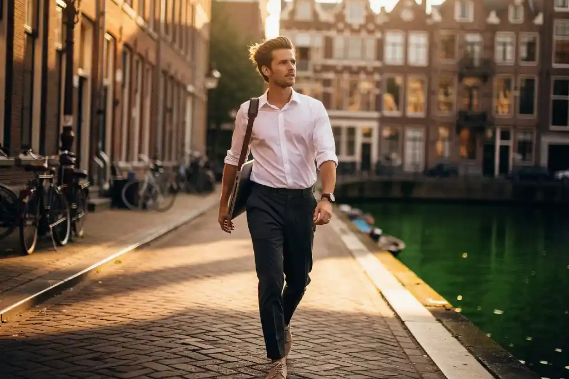 Jonge professional met laptoptas wandelt zelfverzekerd langs een Amsterdams gracht in gouden middaglicht.