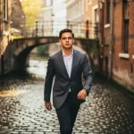 Jonge professional in getailleerd jasje op regenachtige Amsterdamse keiensstraat, historische grachtenpanden in warm middaglicht.