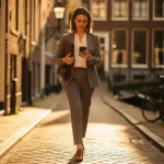 Vrouwelijke makelaar loopt zelfverzekerd door smalle Amsterdamse grachtstraat met leren portfolio en telefoon in hand.