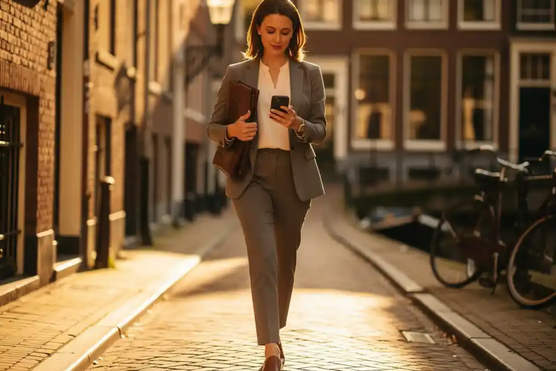 Vrouwelijke makelaar loopt zelfverzekerd door smalle Amsterdamse grachtstraat met leren portfolio en telefoon in hand.