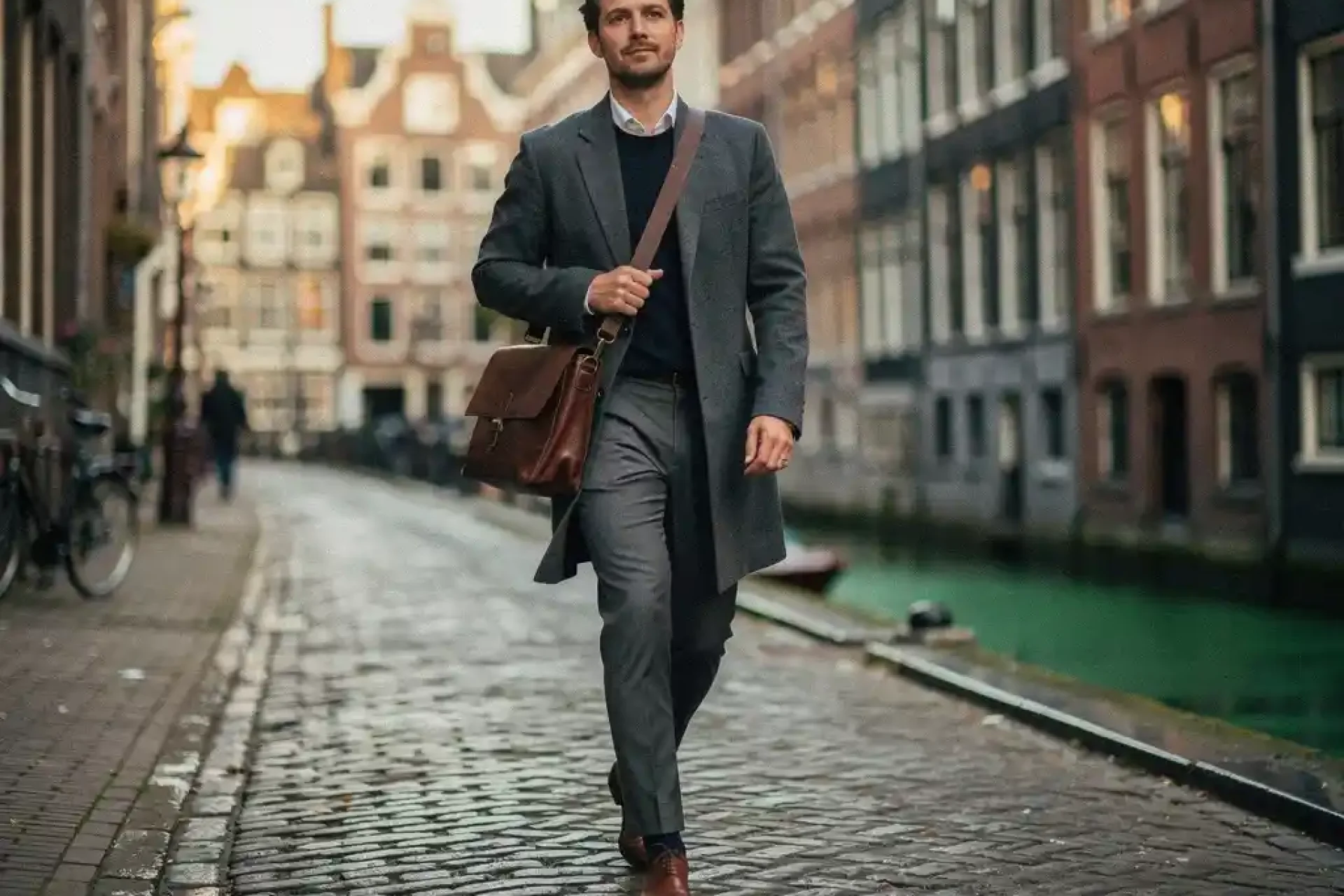 Jonge ondernemer met leren laptoptas loopt zelfverzekerd door een Amsterdamse grachtenstraat met historische gevels en kasseien.