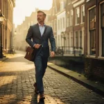 Zelfverzekerde ondernemer met laptoptas op historische Utrechtse kade, omringd door bakstenen gevels en grachtenwater in gouden daglicht.