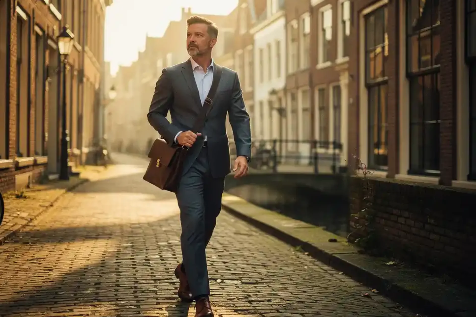 Zelfverzekerde ondernemer met laptoptas op historische Utrechtse kade, omringd door bakstenen gevels en grachtenwater in gouden daglicht.