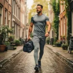 Personal trainer met sporttas op natte kinderkopjes in smal Amsterdams grachtstraatje, historische bakstenen gevels op achtergrond.