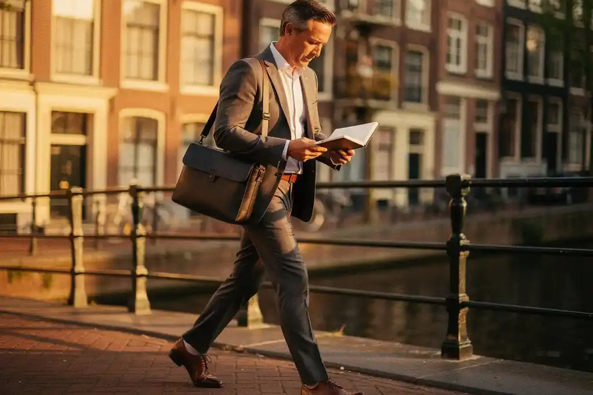 Professional in pak loopt zelfverzekerd over Amsterdamse grachtenbrug met laptoptas en papieren planner, gouden daglicht.