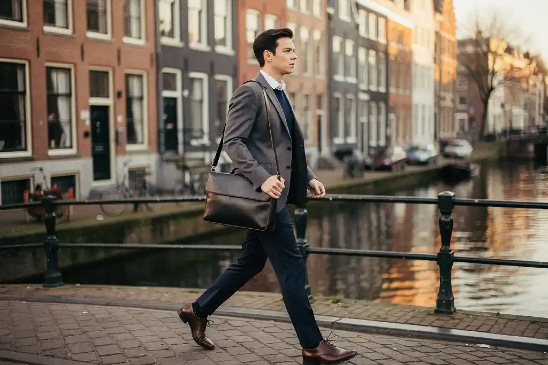 Jonge professional in getailleerd jasje met leren laptoptas loopt over een Amsterdamse grachtenbrug met smalle bakstenen grachtenpanden op de achtergrond.