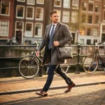 Professional loopt zelfverzekerd over een Amsterdamse grachtenbrug met laptoptas, omgeven door smalle straten en Hollandse gevels in warm goudlicht.