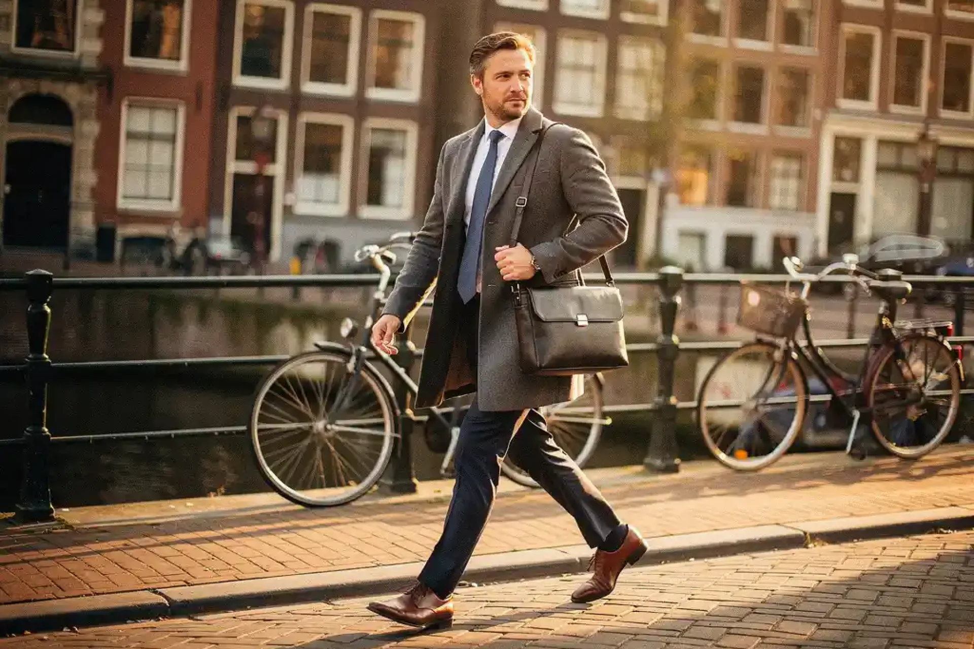 Professional loopt zelfverzekerd over een Amsterdamse grachtenbrug met laptoptas, omgeven door smalle straten en Hollandse gevels in warm goudlicht.