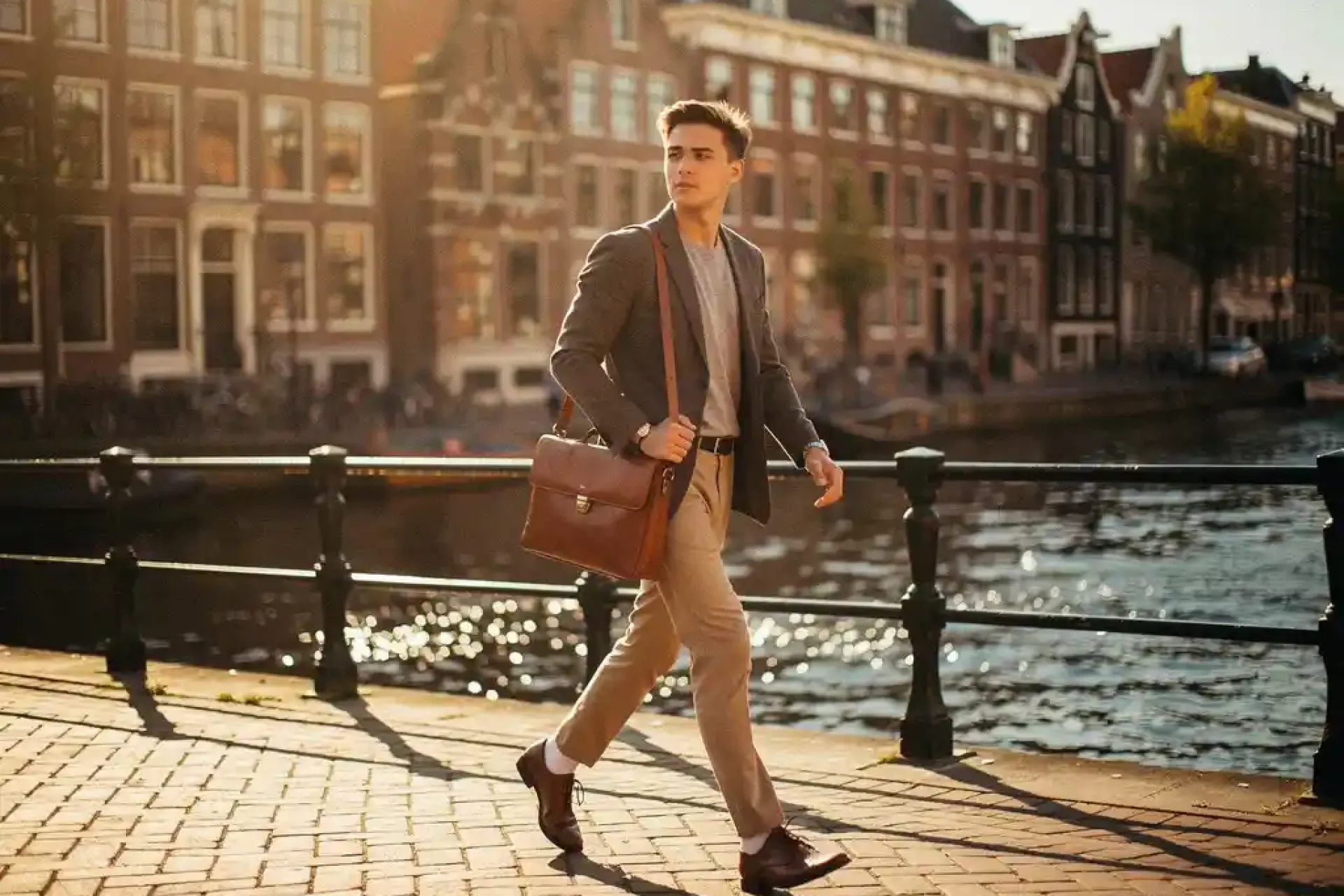 Jonge professional met leren laptoptas loopt zelfverzekerd over een Amsterdamse grachtenbrug, smalle grachtenpanden en waterweg op de achtergrond.