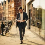 Professional in pak loopt zelfverzekerd door smalle Amsterdamse gracht­straat met laptoptas, warm middaglicht op bakstenen gevels.