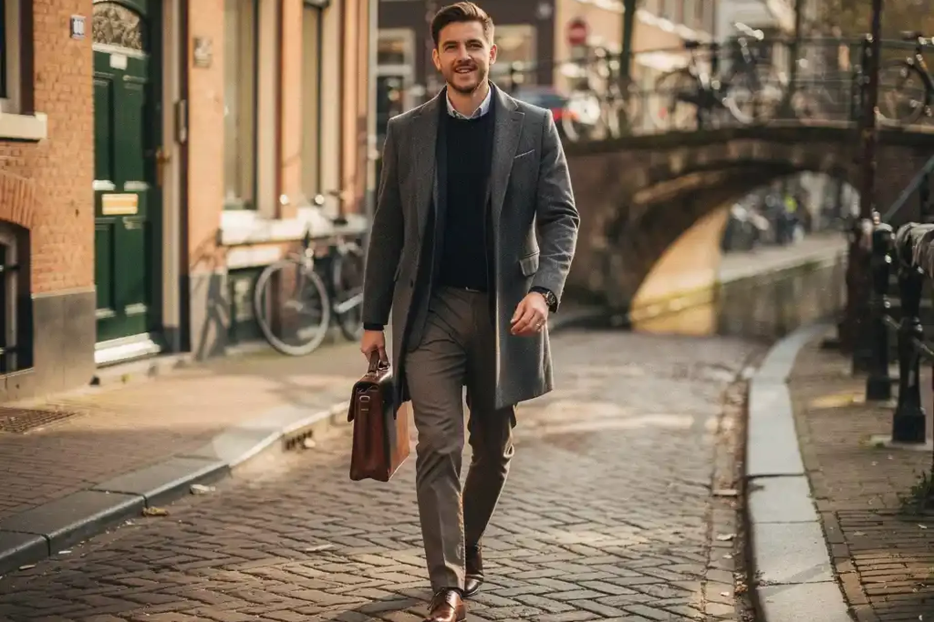 Jonge professional met leren laptoptas loopt zelfverzekerd langs Amsterdams grachtenpad met bakstenen gevels en boogbruggen op de achtergrond.