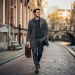 Jonge professional met leren laptoptas loopt over kasseistraatje langs Amsterdamse grachten met historische gevels op de achtergrond.