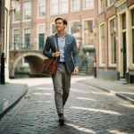Jonge professional met leren laptoptas loopt zelfverzekerd door smalle Amsterdamse gracht, historische gevels op de achtergrond.