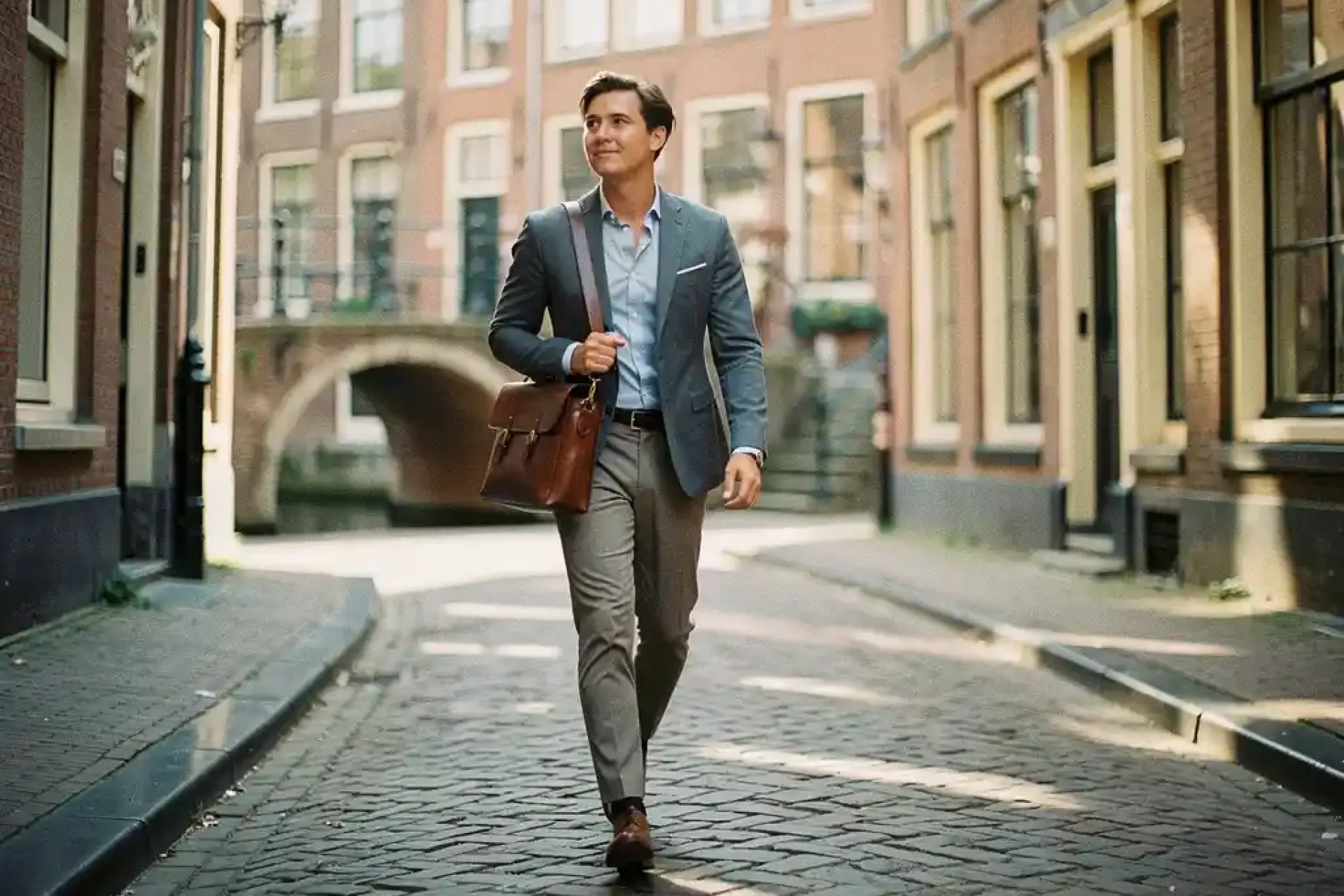 Jonge professional met leren laptoptas loopt zelfverzekerd door smalle Amsterdamse gracht, historische gevels op de achtergrond.