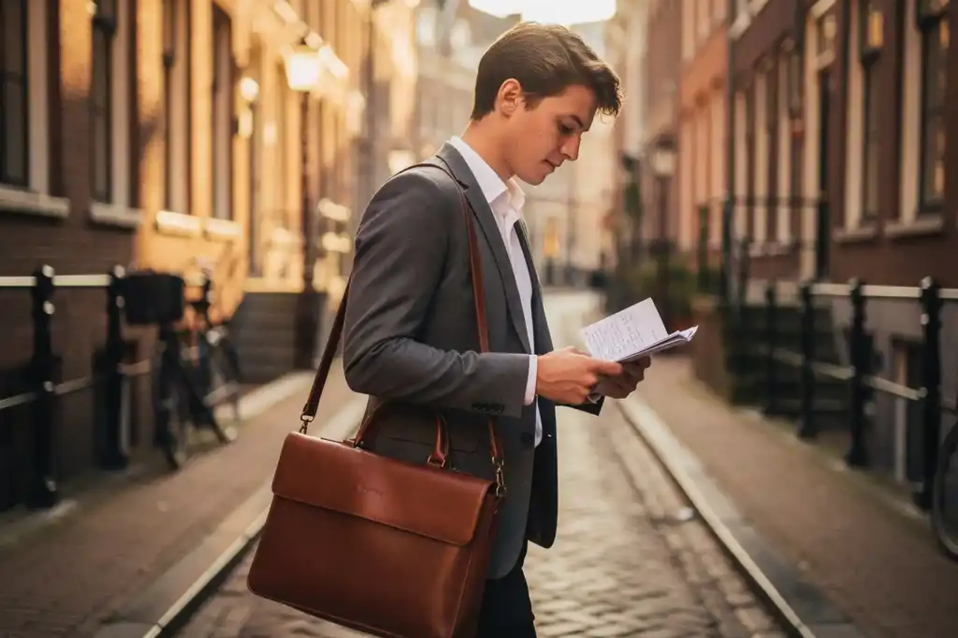 Jonge professional in blazer met leren laptoptas loopt zelfverzekerd door smalle Amsterdamse gracht met bakstenen gevels.