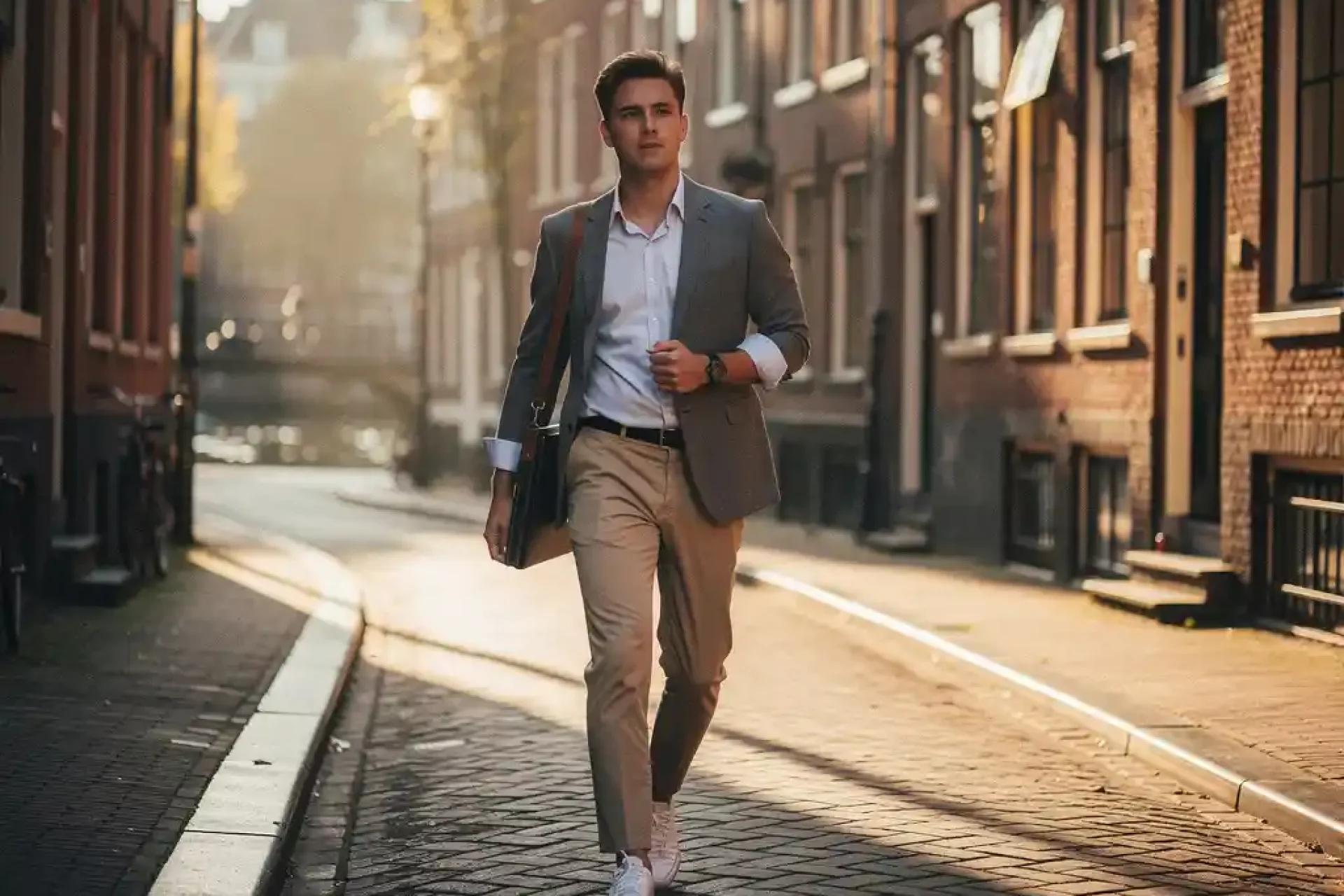 Jonge professional met laptoptas wandelt zelfverzekerd door smalle Amsterdamse gracht bij gouden uurglow.