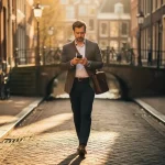 Jonge professional met laptoptas en smartphone op een Amsterdamse gracht, gouden middaglicht op kinderkopjes.
