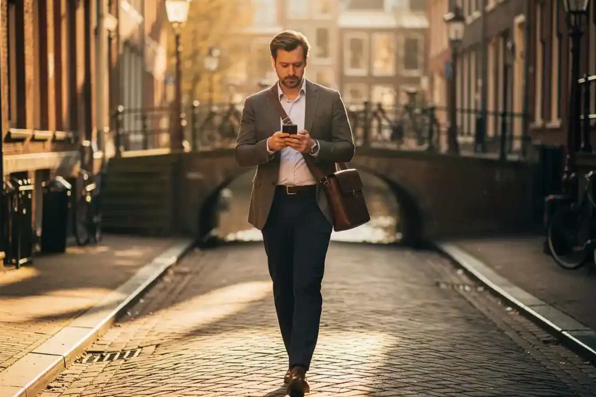 Jonge professional met laptoptas en smartphone op een Amsterdamse gracht, gouden middaglicht op kinderkopjes.