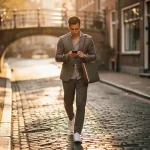 Jonge professional met laptoptas en smartphone op een Amsterdamse keistraatje, warme bakstenen gevels en bogen op de achtergrond.