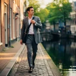 Professional met laptoptas wandelt zelfverzekerd door smalle Amsterdamse grachtstraat in warm middagzonlicht.