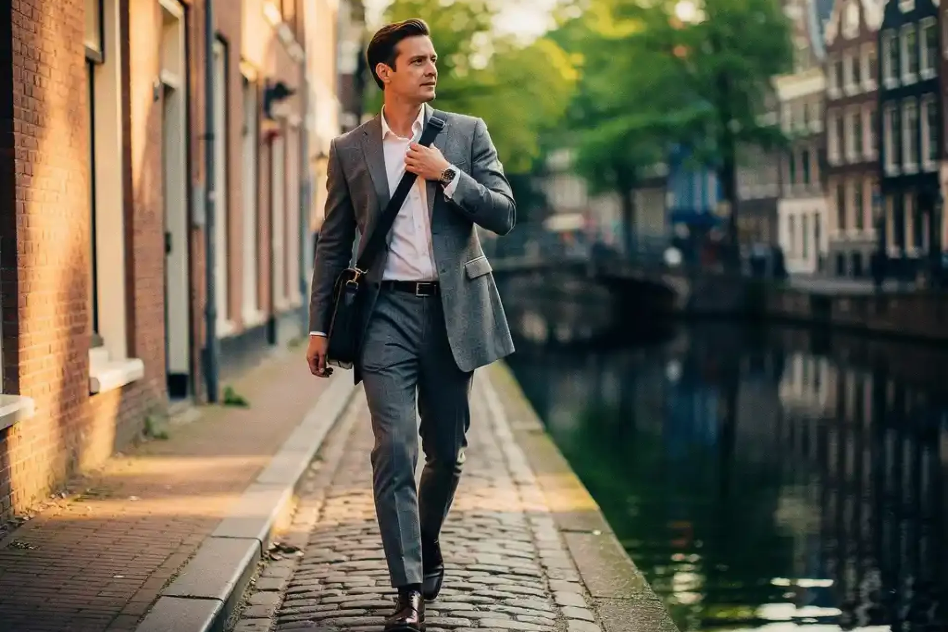 Professional met laptoptas wandelt zelfverzekerd door smalle Amsterdamse grachtstraat in warm middagzonlicht.