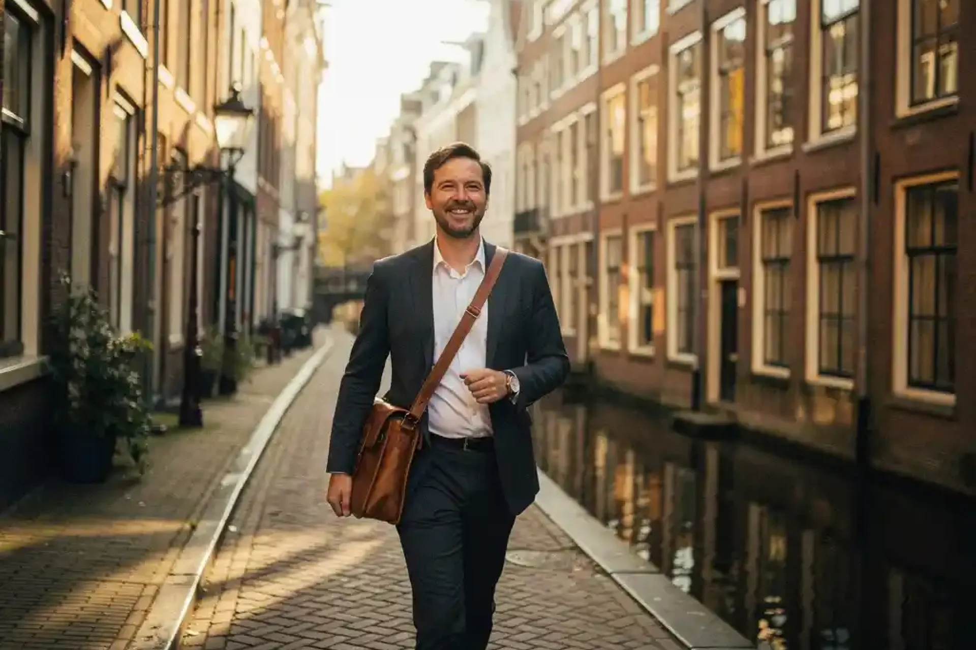 Professional loopt zelfverzekerd door smalle Amsterdamse grachtstraat met leren laptoptas, historische gevels en gracht op de achtergrond.
