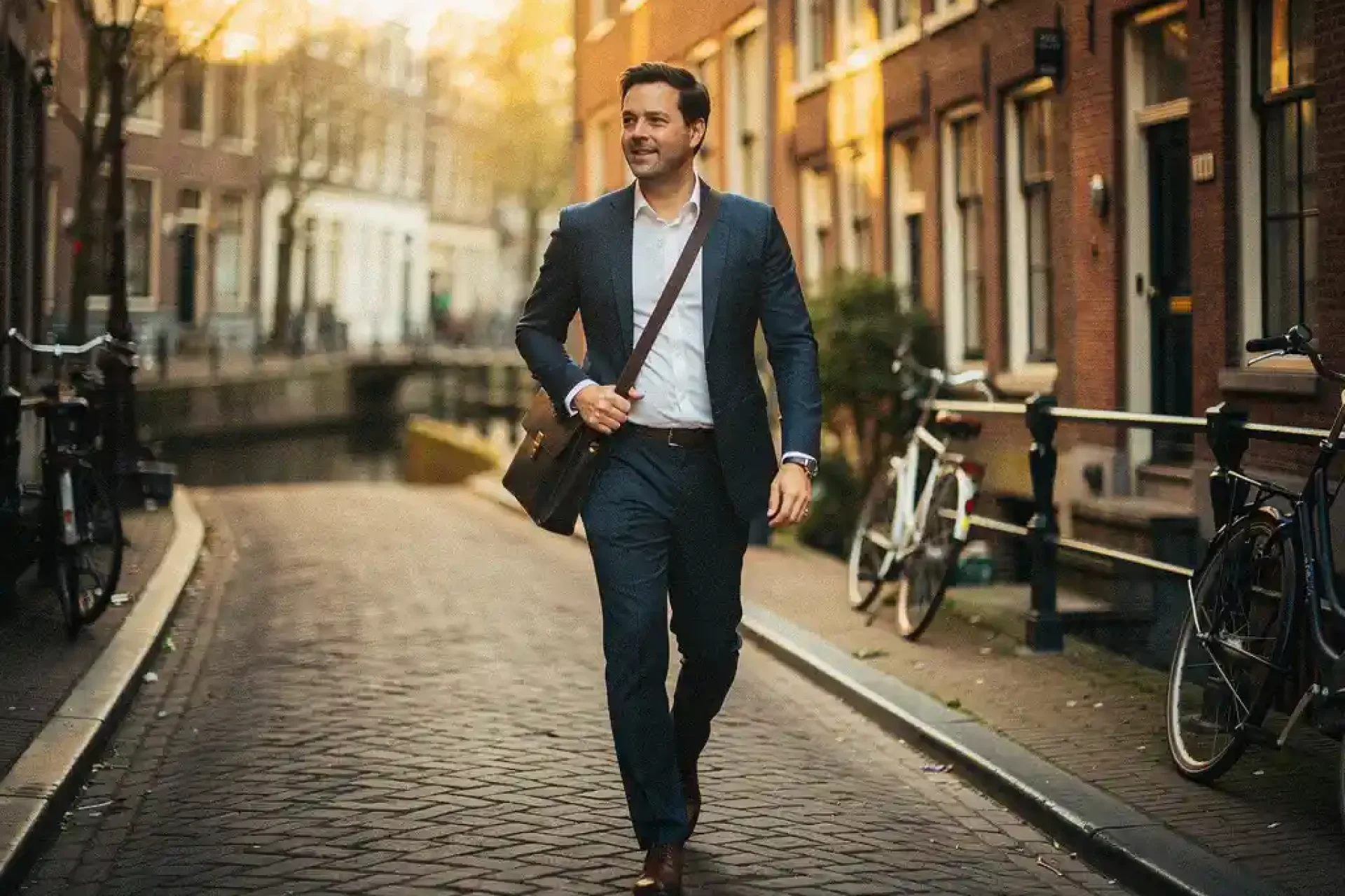 Professional in de 30s wandelt zelfverzekerd door een smalle Amsterdamse gracht, laptoptas over schouder, gouden middaglicht op historische gevels.
